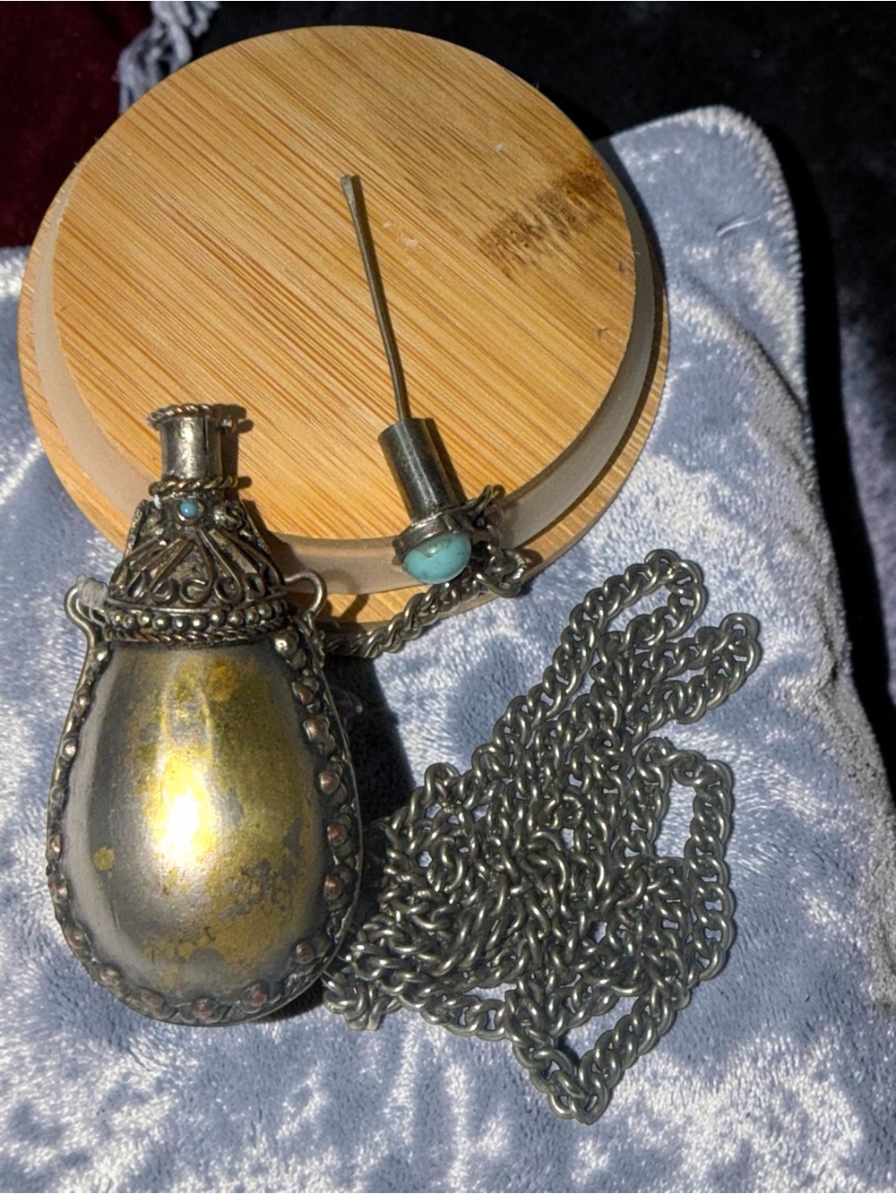 Vintage Ornate Perfume Bottle Pendant Necklace Turquoise Accent Silver Tone